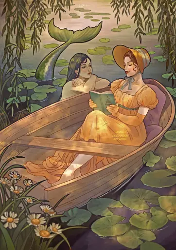 A digital illustration. A woman wearing a yellow dress and bonnet sits in a rowboat surround by willow and lilpads. A mermaid propers her arms on the edge of the boat, listening intently as the woman reads The Little Mermaid aloud. 