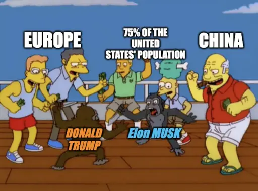 Two chimps labeled Elon musk and Donald Trump, encircled each other with knifes. A crowd surrounds them with labels of other nations and 75% of Americans.