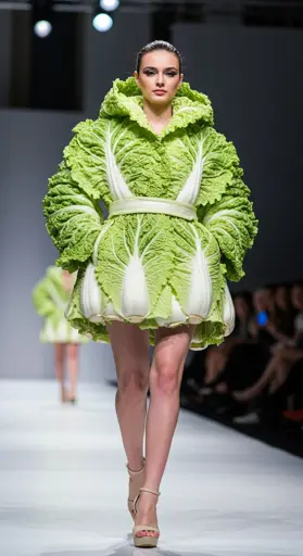 A fashion model strides confidently down a white runway wearing an avant-garde hooded coat constructed entirely from cabbage leaves. The garment features voluminous sleeves and a structured, short-skirted silhouette with distinctive white ribbing against vibrant green leaves. A belt made from the vegetable's pale stalks cinches the waist, creating a defined silhouette. The model displays full runway makeup with slicked-back hair, and completes the look with neutral platform sandals. Behind her, another model in a similar vegetable creation can be seen, while an audience watches from the darkened sidelines. 