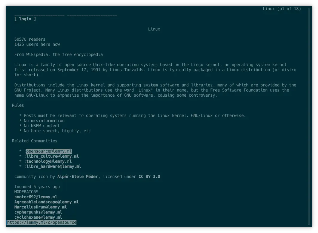 terminal window with links displaying linux@l.ml's header