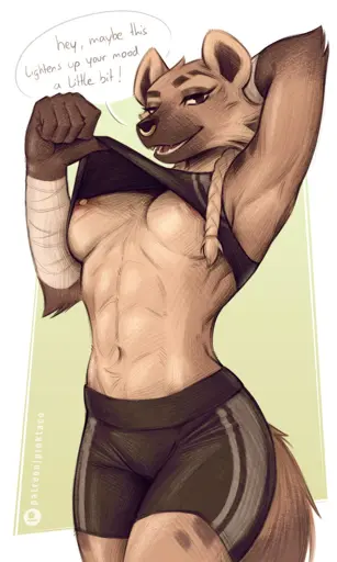 a sexy illustration of oc Rakiya. she's wearing her usual sports bra and short pants combo. with her thumb she's lifting up her top, allowing you to get a good glance at her breasts and pierced nipples. with a smile she says "hey, maybe this lightens up your mood a little bit!"