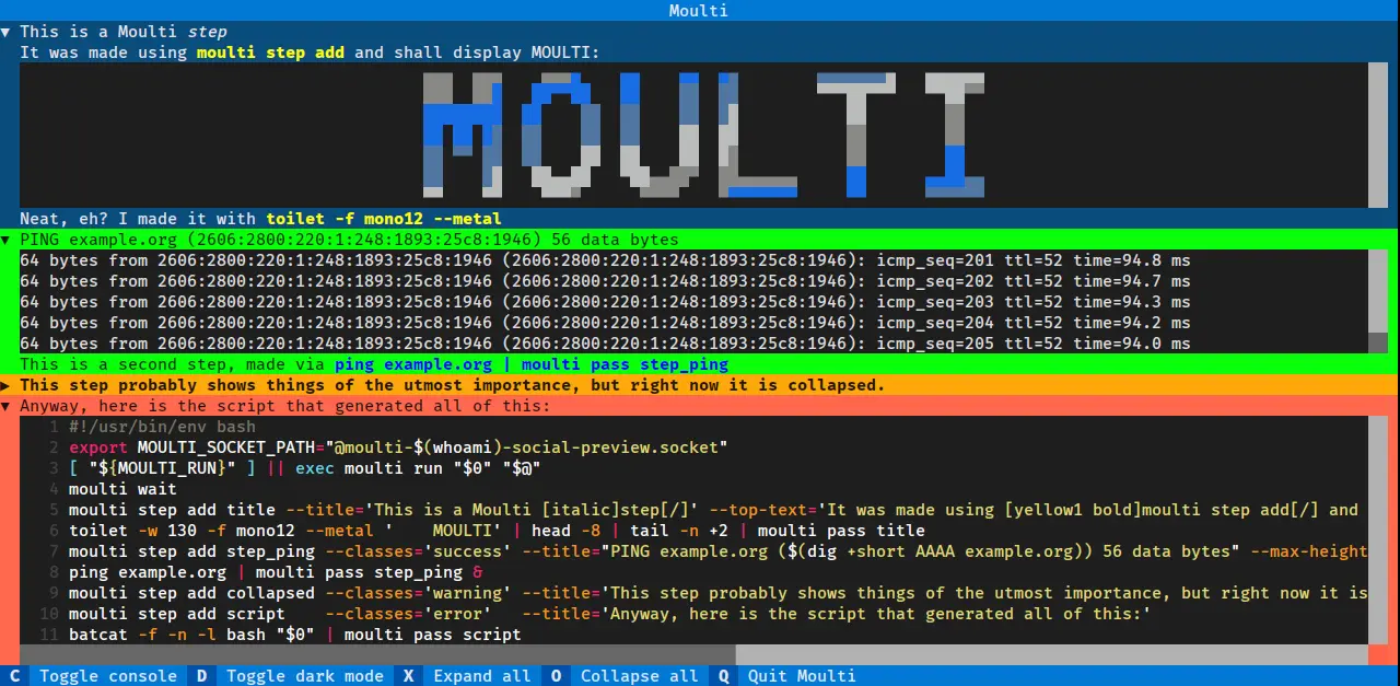 GitHub - xavierog/moulti: Moulti is a CLI-driven Terminal User Interface (TUI) displaying arbitrary outputs inside visual, collapsible blocks called steps.