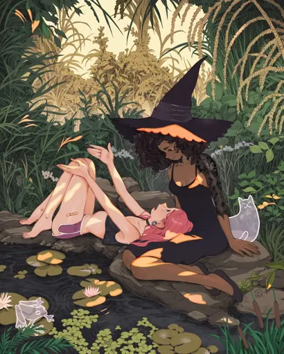 Two characters relaxing at the pond surrounded by a ghost cat and a ghost frog.