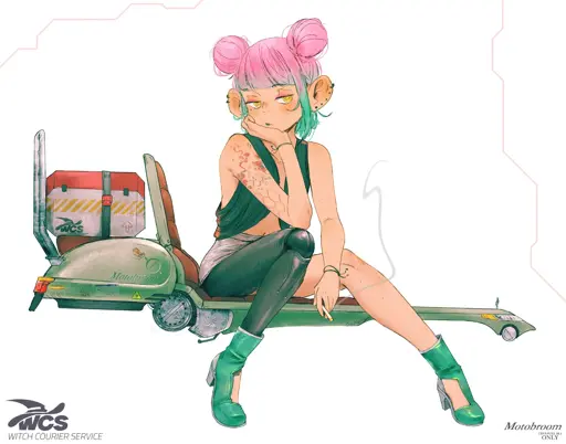 Artwork showcasing a halfling character, who's a worker for WCS (Witch Courier Service). She's sitting on a Motobroom™ (Mix between a witch broom and a motorcycle).   The text on the bottom left says WCS (Witch Courier Service) and on the bottom right says Motobroom, CRYS-FUEL 88.4 ONLY
